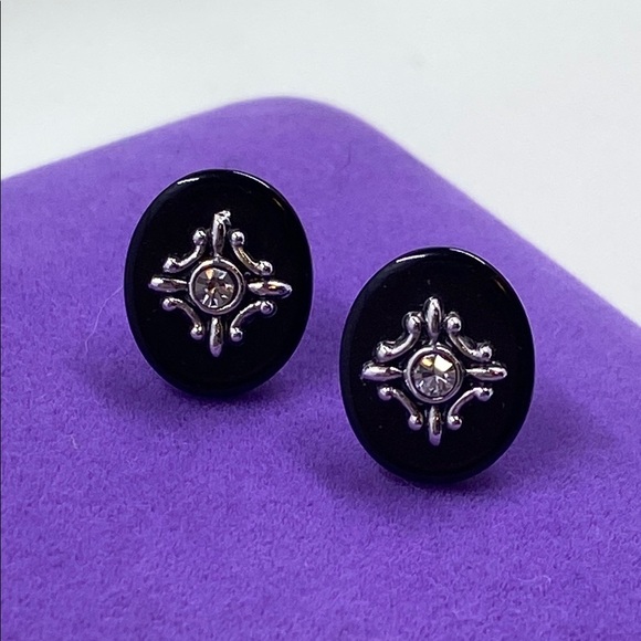 💛 Vintage Avon Silver Crystal Black Stud Earrings - Picture 1 of 4